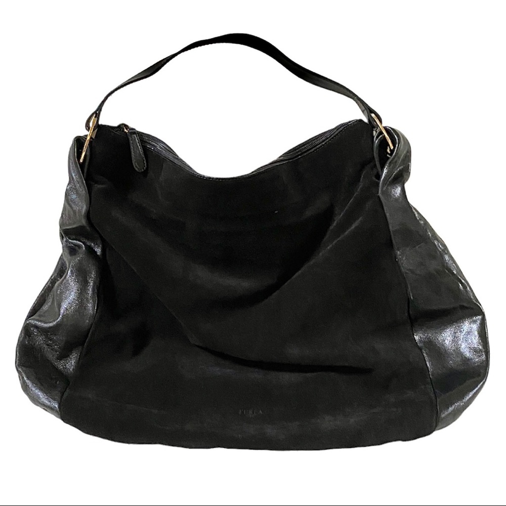 VINTAGE FURLA LARGE SUEDE & LEATHER SLOUCHY HOBO TOTE - BLACK - MADE IN ITALY